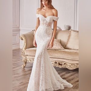 Andrea and Leo, lace, off the shoulder, mermaid, floor length, white